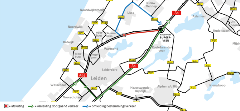 Omleidingskaart afsluiting A44 richting Amsterdam