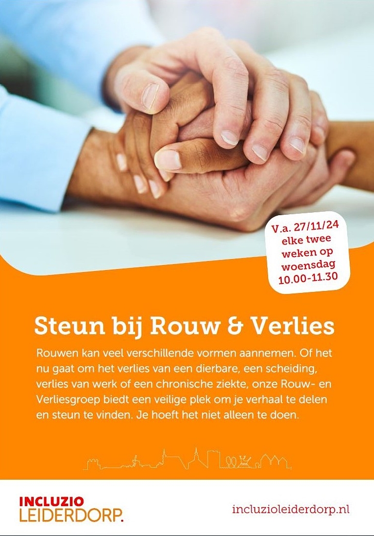 Flyer bijeenkomst rouw en verlies. Vanaf 27 november om de week.