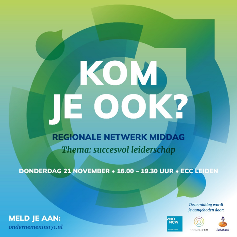 Flyer Regionale Netwerk Middag. Thema succesvol leiderschap