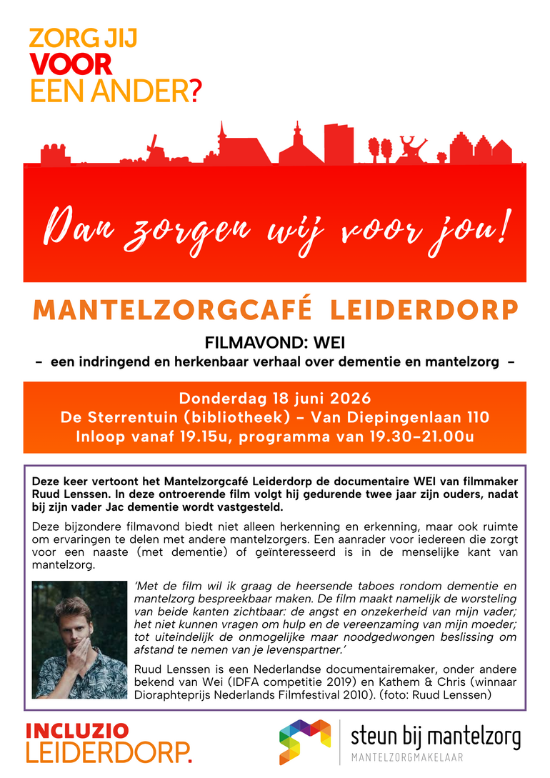 Flyer: zorg jij voor een ander. Donderdag 18 juni 2026 De Sterrentuin. Inloop vanaf 19.15 uur 