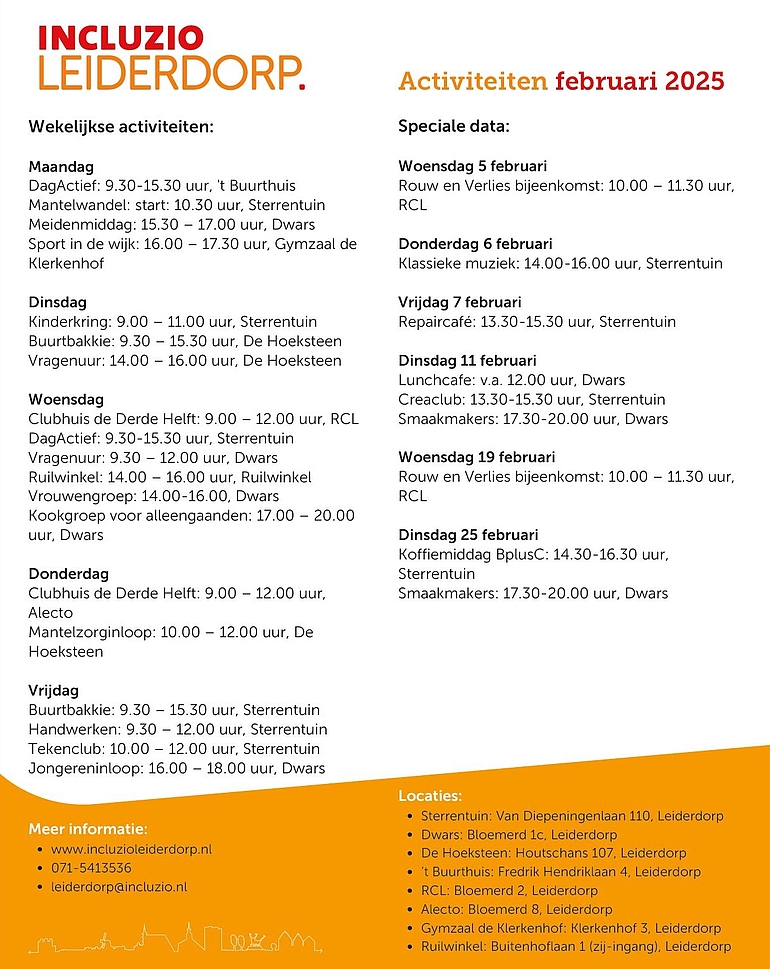 Schema activiteiten van Incluzio Leiderdorp februari